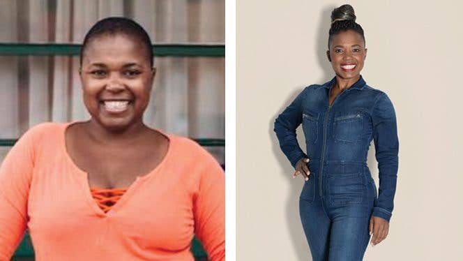 Two photos showing Andrea Kane before adopting a whole-food, plant-based diet and resolving her rheumatoid arthritis pain – on the left, she wears an orange shirt, on the right, she wears a fitted denim jumpsuit and has lost weight Two photos showing Andrea Kane before adopting a whole-food, plant-based diet and resolving her rheumatoid arthritis pain - on the left, she wears an orange shirt, on the right, she wears a fitted denim jumpsuit and has lost weight