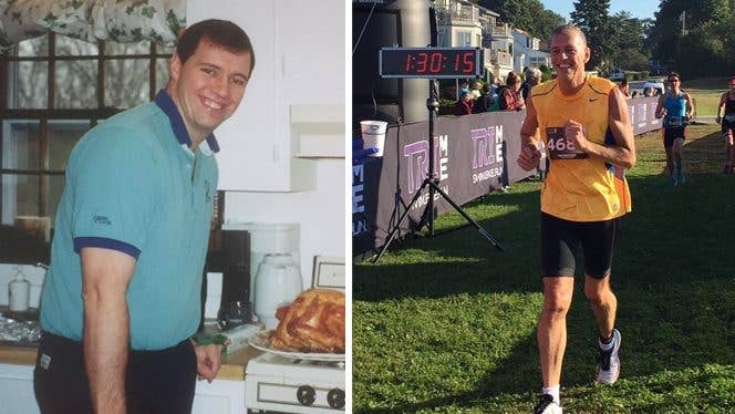 Bill McGrail Before and After Adopting a Plant-Based Diet for His Arthritis – On the left, a photo of him heavier set, standing in the kitchen next to a turkey; on the right, a photo of him crossing the finish line of a race Bill McGrail Before and After Adopting a Plant-Based Diet for His Arthritis - On the left, a photo of him heavier set, standing in the kitchen next to a turkey; on the right, a photo of him crossing the finish line of a race